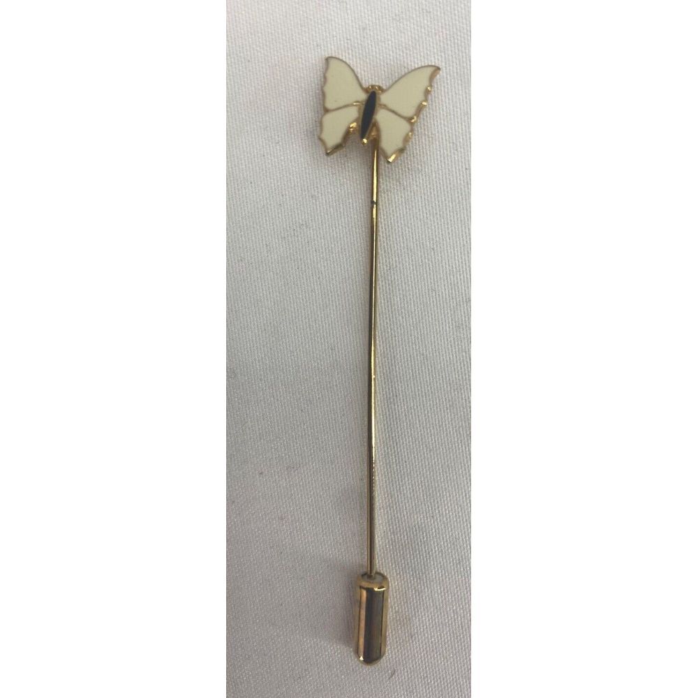 Vintage Enamel Butterfly Stick Pin Goldtone Cream White Insect Jewelry